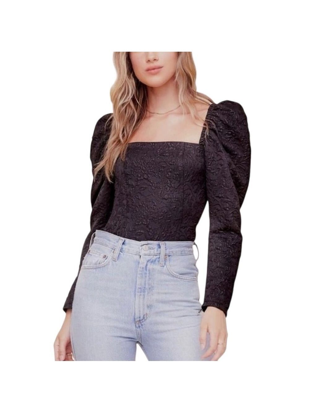 ASTR The Label Remi Puff Sleeve Black Floral Jacquard Sparkle Top